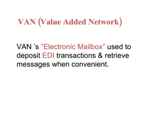 VAN (Value Added Network) VAN ’s  “Electronic Mailbox”  used to deposit  EDI  transactions & retrieve messages when convenient. 