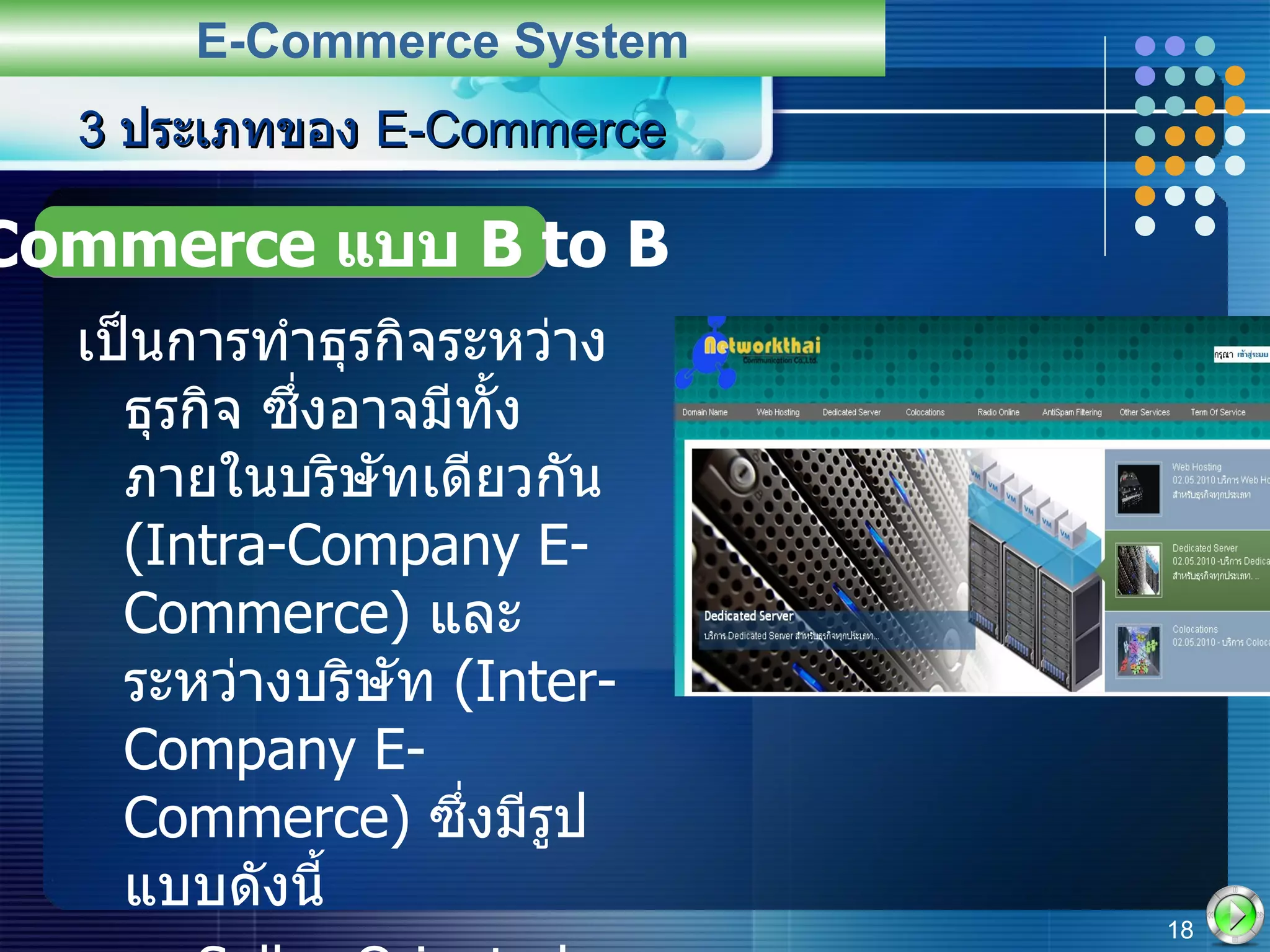 เป็นการทำธุรกิจระหว่างธุรกิจ ซึ่งอาจมีทั้งภายในบริษัทเดียวกัน  (Intra-Company E-Commerce)  และระหว่างบริษัท  (Inter-Company E-Commerce)  ซึ่งมีรูปแบบดังนี้ Seller-Oriented Marketplace Buyer-Oriented Marketplace 3  ประเภทของ  E-Commerce E-Commerce System E-Commerce  แบบ  B to B 