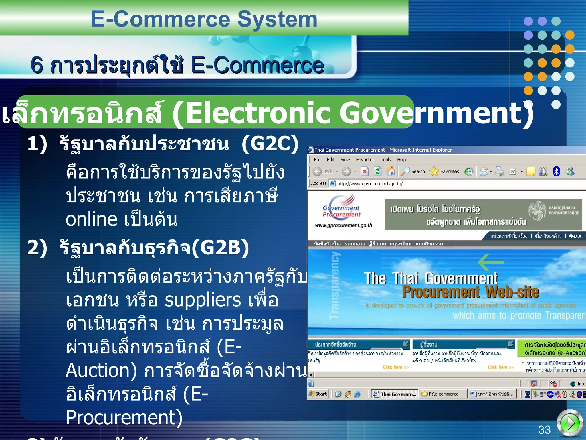 1)  รัฐบาลกับประชาชน  (G2C)   คือการใช้บริการของรัฐไปยังประชาชน เช่น การเสียภาษี  online  เป็นต้น   2)  รัฐบาลกับธุรกิจ ( G2B)   เป็นการติดต่อระหว่างภาครัฐกับเอกชน หรือ  suppliers  เพื่อดำเนินธุรกิจ เช่น การประมูลผ่านอิเล็กทรอนิกส์  (E-Auction)  การจัดซื้อจัดจ้างผ่านอิเล็กทรอนิกส์  (E-Procurement) 3)  รัฐบาลกับรัฐบาล  (G2G)   เป็นการติดต่อระหว่างภาครัฐกับรัฐ  ในกระทรวงหรือระหว่างกระทรวงก็ได้ 6  การประยุกต์ใช้  E-Commerce E-Commerce System รัฐบาลอิเล็กทรอนิกส์  (Electronic Government) 