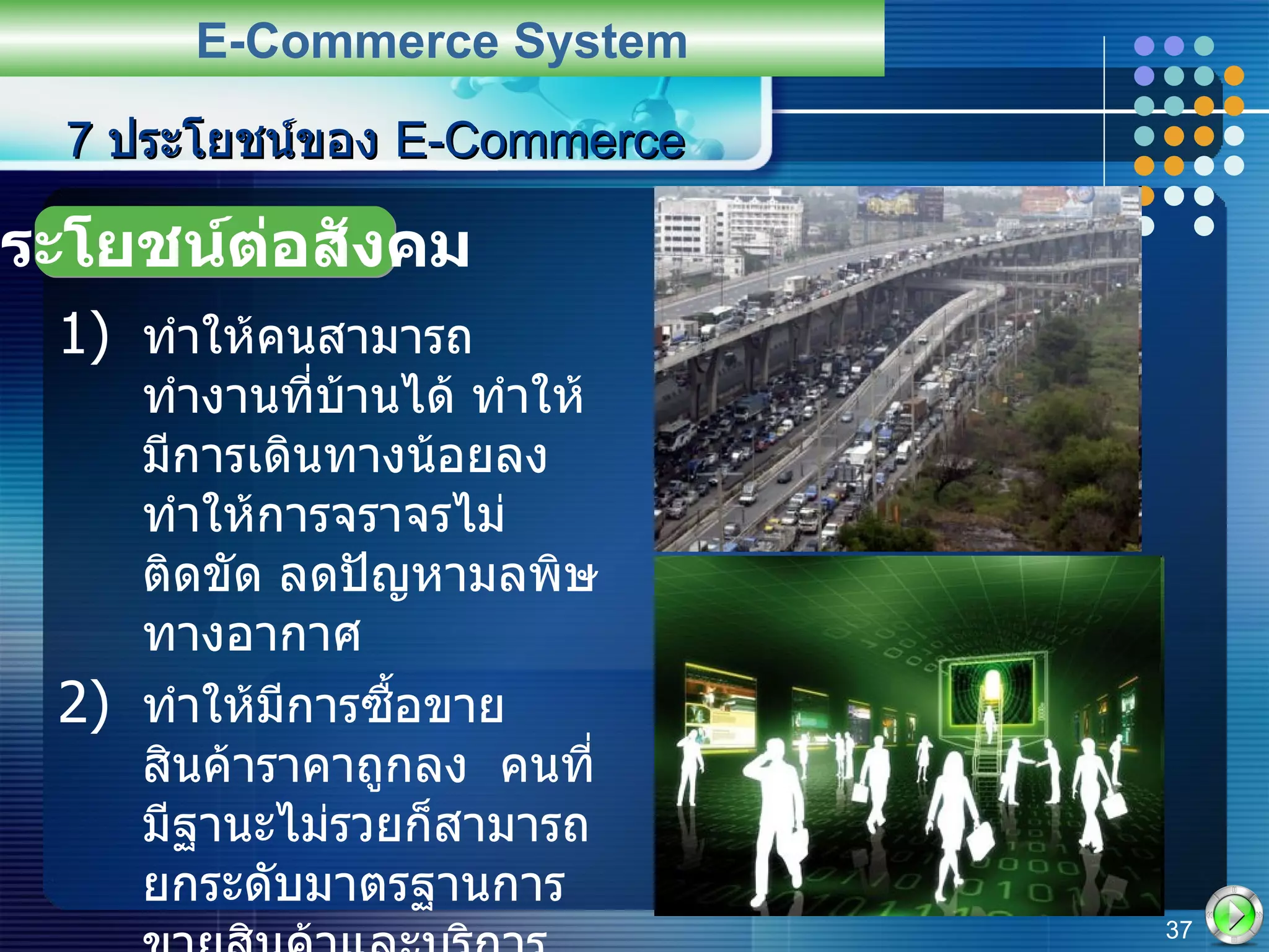 ทำให้คนสามารถทำงานที่บ้านได้ ทำให้มีการเดินทางน้อยลง ทำให้การจราจรไม่ติดขัด ลดปัญหามลพิษทางอากาศ ทำให้มีการซื้อขายสินค้าราคาถูกลง  คนที่มีฐานะไม่รวยก็สามารถยกระดับมาตรฐานการขายสินค้าและบริการได้ 7  ประโยชน์ของ  E-Commerce E-Commerce System ประโยชน์ต่อสังคม 