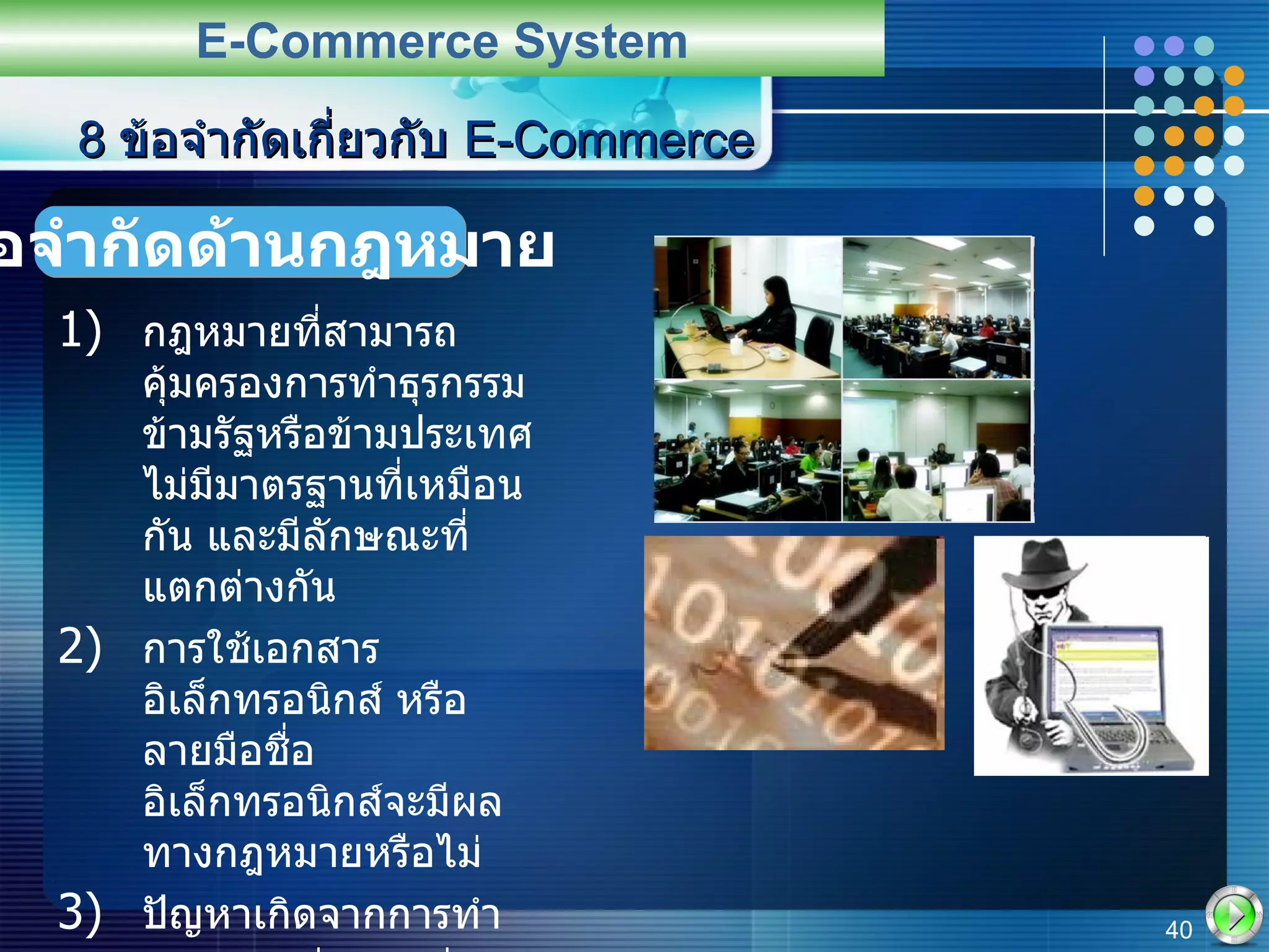 กฎหมายที่สามารถคุ้มครองการทำธุรกรรมข้ามรัฐหรือข้ามประเทศ ไม่มีมาตรฐานที่เหมือนกัน และมีลักษณะที่แตกต่างกัน  การใช้เอกสารอิเล็กทรอนิกส์ หรือลายมือชื่ออิเล็กทรอนิกส์จะมีผลทางกฎหมายหรือไม่ ปัญหาเกิดจากการทำธุรกรรม เช่น การส่งสินค้ามีลักษณะแตกต่างจากที่โฆษณาบนอินเทอร์เน็ต จะมีการเรียกร้องค่าเสียหายได้หรือไม่ 8  ข้อจำกัดเกี่ยวกับ  E-Commerce E-Commerce System ข้อจำกัดด้านกฎหมาย 