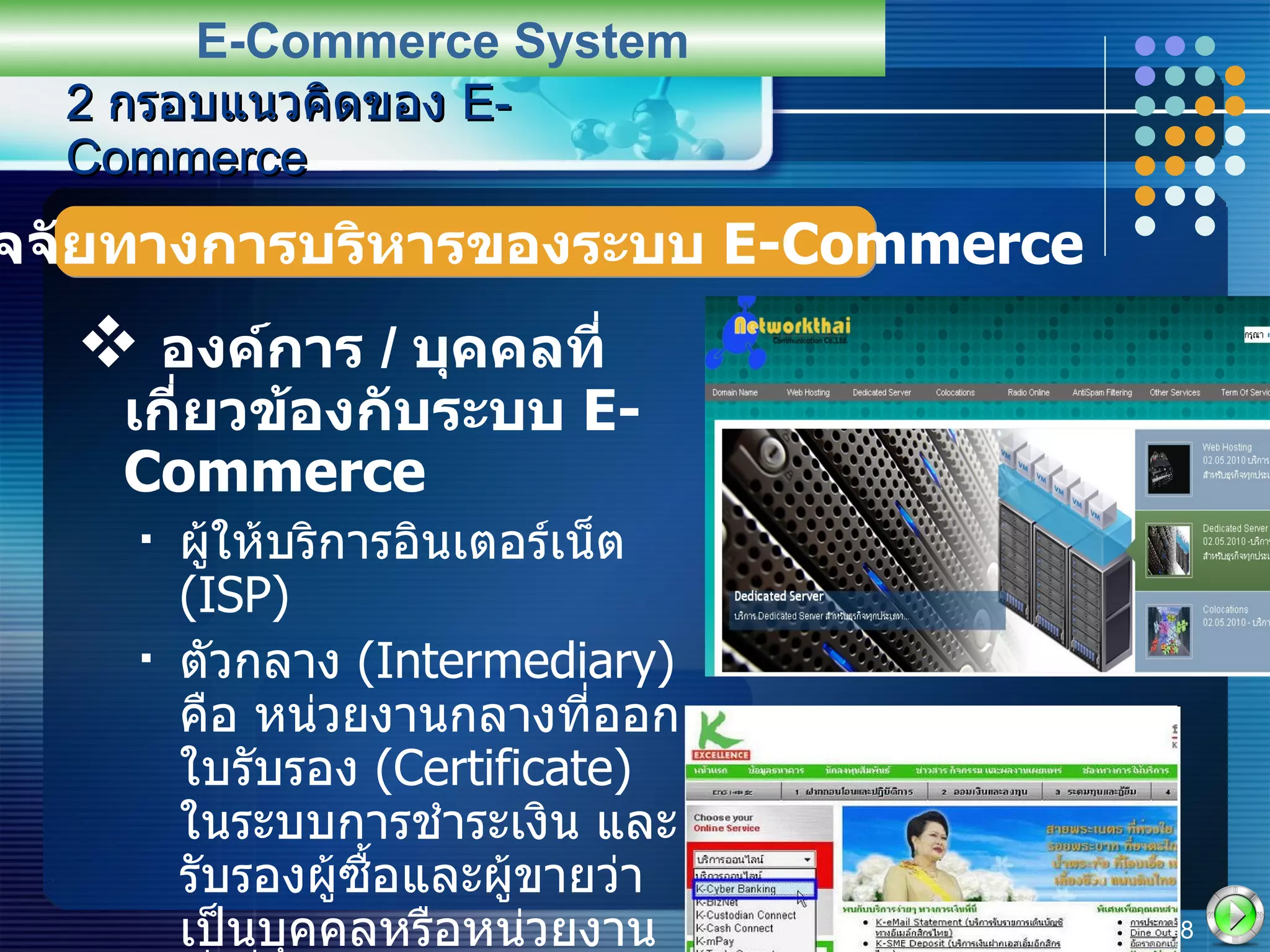 องค์การ  /  บุคคลที่เกี่ยวข้องกับระบบ  E-Commerce ผู้ให้บริการอินเตอร์เน็ต  (ISP) ตัวกลาง  (Intermediary)   คือ หน่วยงานกลางที่ออกใบรับรอง   (Certificate)   ในระบบการชำระเงิน และรับรองผู้ซื้อและผู้ขายว่าเป็นบุคคลหรือหน่วยงานที่เชื่อถือได้ สถาบันการเงิน อำนวยความสะดวกในการชำระเงิน 2  กรอบแนวคิดของ  E-Commerce E-Commerce System 2.2  ปัจจัยทางการบริหารของระบบ  E-Commerce 