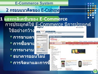 2  กรอบแนวคิดของ  E-Commerce การ ประยุกต์ใช้  E-Commerce   มีการประยุกต์ใช้อย่างกว้างขวางอย่างเช่น การขายตรง การซื้อขายหุ้น การหางาน ธนาคารออนไลน์ การจัดหาและการซื้อสินค้า E-Commerce System 2.1  แอพพลิเคชั่นของ  E-Commerce 