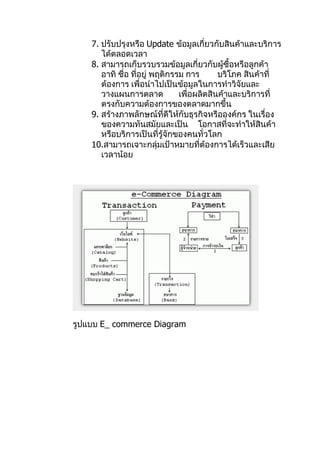 7. ปรับปรุงหรือ Update ข้อมูลเกี่ยวกับสินค้าและบริการ
       ได้ตลอดเวลา
    8. สามารถเก็บรวบรวมข้อมูลเกี่ยวกับผู้ซื้อหรือลูกค้า
       อาทิ ชื่อ ทีอยู่ พฤติกรรม การ
                   ่                       บริโภค สินค้าที่
       ต้องการ เพื่อนำาไปเป็นข้อมูลในการทำาวิจัยและ
       วางแผนการตลาด           เพื่อผลิตสินค้าและบริการที่
       ตรงกับความต้องการของตลาดมากขึ้น
    9. สร้างภาพลักษณ์ที่ดีให้กับธุรกิจหรือองค์กร ในเรื่อง
       ของความทันสมัยและเป็น โอกาสที่จะทำาให้สินค้า
       หรือบริการเป็นที่รู้จักของคนทั่วโลก
    10.สามารถเจาะกลุ่มเป้าหมายที่ต้องการได้เร็วและเสีย
       เวลาน้อย




รูปแบบ E_ commerce Diagram
 