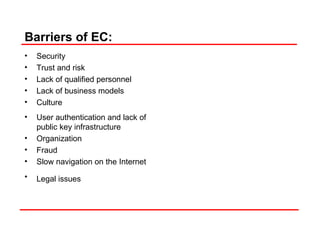 Barriers of EC:  Security  Trust and risk Lack of qualified personnel Lack of business models Culture  User authentication and lack of public key infrastructure Organization  Fraud  Slow navigation on the Internet Legal issues   