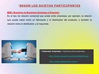 SEGÚN LOS SUJETOS PARTICIPANTESB2B ( BussinestoBussines) Empresa a Empresa:Es el tipo de relación comercial que existe entre empresas, por ejemplo, la relación que puede haber entre un fabricante y el distribuidor del producto, o también la relación entre el distribuidor y el mayorista.