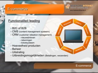 Functionaliteit leading - B2C of B2B - CMS (content management systeem) - CRM (customer releation management) - nieuwsbrieven - rekeningen - ticketsysteem - Hoeveelheid producten - Beheer - Uitstraling - Uitbreidingsmogelijkheden (Betalingen, verzenden) E-commerce E-commerce