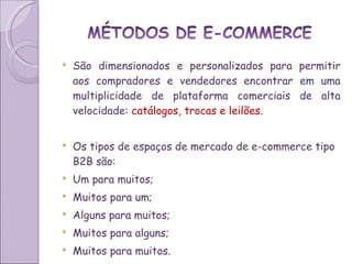 São dimensionados e personalizados para permitir aos compradores e vendedores encontrar em uma multiplicidade de plataforma comerciais de alta velocidade:  catálogos, trocas e leilões. Os tipos de espaços de mercado de e-commerce tipo B2B são: Um para muitos; Muitos para um; Alguns para muitos; Muitos para alguns; Muitos para muitos. 