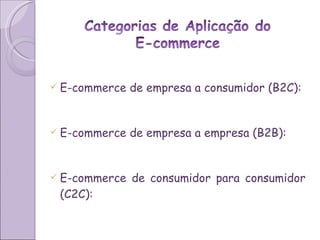 E-commerce de empresa a consumidor (B2C):  E-commerce de empresa a empresa (B2B):  E-commerce de consumidor para consumidor (C2C): 