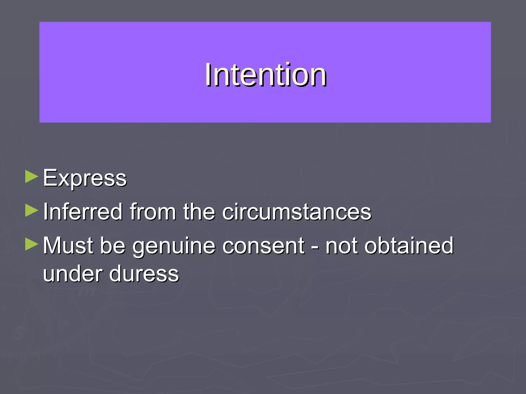 Intention Express Inferred from the circumstances Must be genuine consent - not obtained under duress 