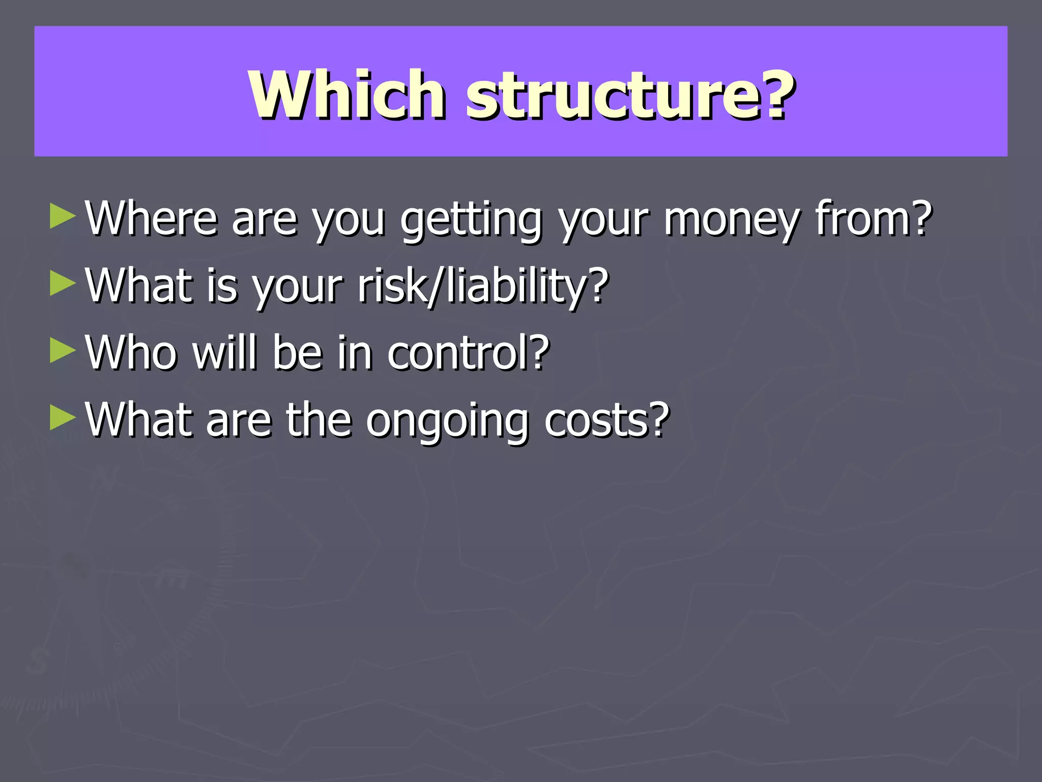 Which structure? Where are you getting your money from? What is your risk/liability? Who will be in control? What are the ongoing costs? 