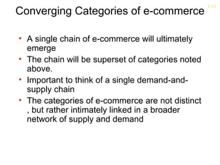 1-11
Converging Categories of e-commerce

• A single chain of e-commerce will ultimately
  emerge
• The chain will be superset of categories noted
  above.
• Important to think of a single demand-and-
  supply chain
• The categories of e-commerce are not distinct
  , but rather intimately linked in a broader
  network of supply and demand
 