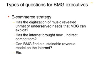 1-30
Types of questions for BMG executives

• E-commerce strategy
  – Has the digitization of music revealed
    unmet or underserved needs that MBG can
    exploit?
  – Has the internet brought new , indirect
    competitors?
  – Can BMG find a sustainable revenue
    model on the internet?
  – Etc.
 