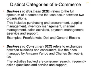 1-9
    Distinct Categories of e-Commerce
• Business to Business (B2B) refers to the full
  spectrum of e-commerce that can occur between two
  organizations.
  This includes purchasing and procurement, supplier
  management, inventory management, channel
  management, sales activities, payment management
  &service and support.
  Examples: FreeMarkets, Dell and General Electric

• Business to Consumer (B2C) refers to exchanges
  between business and consumers, like the ones
  managed by Amazon Yahoo and Charles Schwab &
  Co.
  The activities tracked are consumer search, frequently
  asked questions and service and support.
 