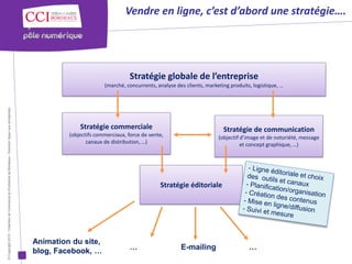Vendre en ligne, c’est d’abord une stratégie….




                                                                                                                                        Stratégie globale de l’entreprise
                                                                                                                             (marché, concurrents, analyse des clients, marketing produits, logistique, …
© Copyright 2012 - Chambre de Commerce et d’Industrie de Bordeaux - Direction Appui aux entreprises




                                                                                                                   Stratégie commerciale                                       Stratégie de communication
                                                                                                               (objectifs commerciaux, force de vente,                       (objectif d’image et de notoriété, message
                                                                                                                      canaux de distribution, …)                                       et concept graphique, …)




                                                                                                                                                    Stratégie éditoriale




                                                                                                      Animation du site,
                                                                                                      blog, Facebook, …                 …                    E-mailing                    …
 