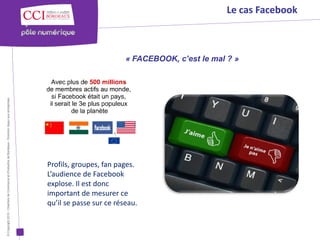 Le cas Facebook



                                                                                                                               « FACEBOOK, c’est le mal ? »
© Copyright 2012 - Chambre de Commerce et d’Industrie de Bordeaux - Direction Appui aux entreprises




                                                                                                      Profils, groupes, fan pages.
                                                                                                      L’audience de Facebook
                                                                                                      explose. Il est donc
                                                                                                      important de mesurer ce
                                                                                                      qu’il se passe sur ce réseau.
 