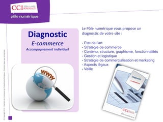 Le Pôle numérique vous propose un
                                                                                                       Diagnostic                 diagnostic de votre site :

                                                                                                         E-commerce               - Etat de l’art
                                                                                                                                  - Stratégie de commerce
                                                                                                      Accompagnement individuel
© Copyright 2012 - Chambre de Commerce et d’Industrie de Bordeaux - Direction Appui aux entreprises




                                                                                                                                  - Contenu, structure, graphisme, fonctionnalités
                                                                                                                                  - Gestion et logistique
                                                                                                                                  - Stratégie de commercialisation et marketing
                                                                                                                                  - Aspects légaux
                                                                                                                                  - Veille
 