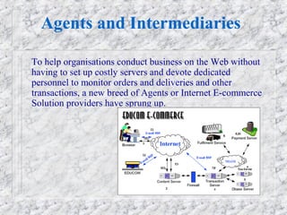 Agents and Intermediaries

To help organisations conduct business on the Web without
having to set up costly servers and devote dedicated
personnel to monitor orders and deliveries and other
transactions, a new breed of Agents or Internet E-commerce
Solution providers have sprung up.
 
