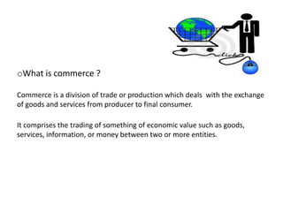 What is e-commerce?
1 . Commonly known as Electronic Marketing.
2 . “It consists of buying and selling goods and services ...