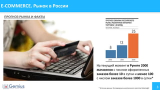 E-COMMERCE. Рынок в России
ПРОГНОЗ РЫНКА И ФАКТЫ

На текущий момент в Рунете 2000
магазинов с числом оформленных
заказов более 10 в сутки и менее 100
с числом заказов более 1000 в сутки*
* Источник данных: Исследование аналитического агентства DataInsight

3

 