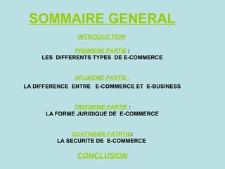 SOMMAIRE GENERAL
INTRODUCTION
PREMIERE PARTIE :
LES DIFFERENTS TYPES DE E-COMMERCE
DEUXIEME PARTIE :
LA DIFFERENCE ENTRE E-CoMMERCE ET E-BUSINESS
TROISIEME PARTIE :
LA FORME JURIDIQUE DE E-COMMERCE
QUATRIEME PATRTIE:
LA SECURITE DE E-COMMERCE

CONCLUSION

 