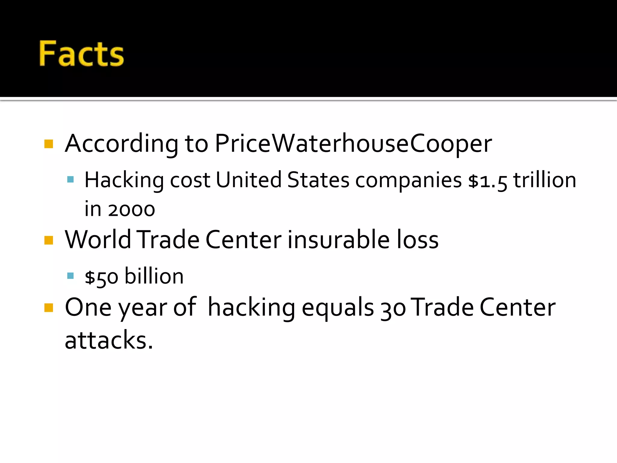  According to PriceWaterhouseCooper
 Hacking cost United States companies $1.5 trillion
in 2000
 WorldTrade Center insurable loss
 $50 billion
 One year of hacking equals 30Trade Center
attacks.
 