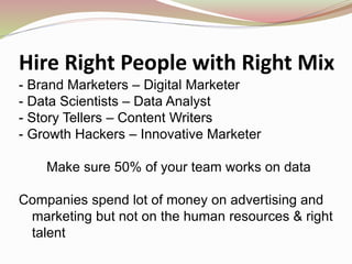 Hire Right People with Right Mix
- Brand Marketers – Digital Marketer
- Data Scientists – Data Analyst
- Story Tellers – Content Writers
- Growth Hackers – Innovative Marketer
Make sure 50% of your team works on data
Companies spend lot of money on advertising and
marketing but not on the human resources & right
talent
 