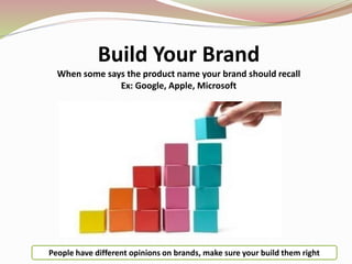Build Your Brand
When some says the product name your brand should recall
Ex: Google, Apple, Microsoft
People have different opinions on brands, make sure your build them right
 