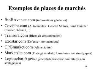 Exemples de places de marchés 
• BtoBAvenue.com (informations générales) 
• Covisint.com (Automobiles : General Motors, Ford, Daimler 
Chrisler, Renault,...) 
• Transora.com (Biens de consommation) 
• Exostar.com (Défense - Aéronautique) 
• CPGmarket.com (Alimentation) 
• Marketsite.com (Place généraliste, fournitures non stratégiques) 
• Logicachat.fr ((Place généraliste française, fournitures non 
stratégiques) 
18 
 