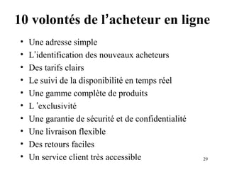 10 volontés de l’acheteur en ligne 
• Une adresse simple 
• L’identification des nouveaux acheteurs 
• Des tarifs clairs 
• Le suivi de la disponibilité en temps réel 
• Une gamme complète de produits 
• L ’exclusivité 
• Une garantie de sécurité et de confidentialité 
• Une livraison flexible 
• Des retours faciles 
• Un service client très accessible 
29 
 