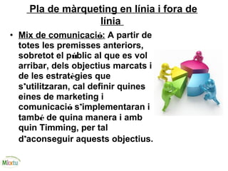 Pla de màrqueting en línia i fora de
línia
• Mix de comunicació: A partir de
totes les premisses anteriors,
sobretot el públic al que es vol
arribar, dels objectius marcats i
de les estratègies que
s’utilitzaran, cal definir quines
eines de marketing i
comunicació s’implementaran i
també de quina manera i amb
quin Timming, per tal
d’aconseguir aquests objectius.
 