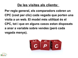 De les visites als clients:
Per regla general, els comparadors cobren un
CPC (cost per clic) cada vegada que porten una
visita a un web. El model més utilitzat és el
CPC, tot i que en alguns casos estan disposats
a anar a variable sobre vendes (però cada
vegada menys).
 