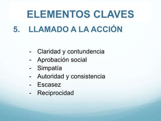 ELEMENTOS CLAVES
5. LLAMADO A LA ACCIÓN
- Claridad y contundencia
- Aprobación social
- Simpatía
- Autoridad y consistencia
- Escasez
- Reciprocidad
 