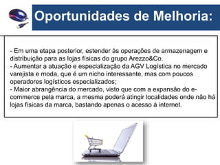 Oportunidades de Melhoria:
- Em uma etapa posterior, estender às operações de armazenagem e
distribuição para as lojas físicas do grupo Arezzo&Co.
- Aumentar a atuação e especialização da AGV Logística no mercado
varejista e moda, que é um nicho interessante, mas com poucos
operadores logísticos especializados;
- Maior abrangência do mercado, visto que com a expansão do e-
commerce pela marca, a mesma poderá atingir localidades onde não há
lojas físicas da marca, bastando apenas o acesso à internet.
 