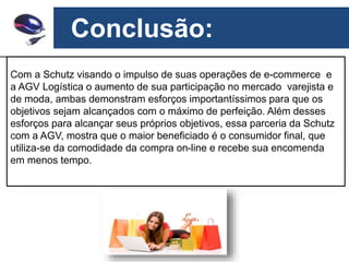 Conclusão:
Com a Schutz visando o impulso de suas operações de e-commerce e
a AGV Logística o aumento de sua participação no mercado varejista e
de moda, ambas demonstram esforços importantíssimos para que os
objetivos sejam alcançados com o máximo de perfeição. Além desses
esforços para alcançar seus próprios objetivos, essa parceria da Schutz
com a AGV, mostra que o maior beneficiado é o consumidor final, que
utiliza-se da comodidade da compra on-line e recebe sua encomenda
em menos tempo.
 