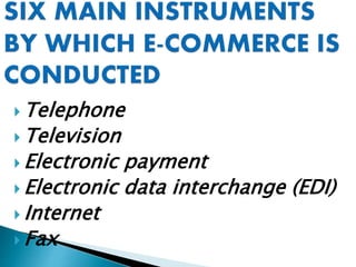  Telephone
 Television
 Electronic payment
 Electronic data interchange (EDI)
 Internet
 Fax
 