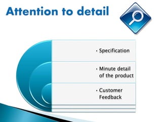 • Specification
• Minute detail
of the product
• Customer
Feedback
 