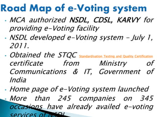 • MCA authorized NSDL, CDSL, KARVY for
providing e-Voting facility
• NSDL developed e-Voting system - July 1,
2011.
• Obtained the STQC Standardisation Testing and Quality Certification
certificate from Ministry of
Communications & IT, Government of
India
• Home page of e-Voting system launched
• More than 245 companies on 345
occasions have already availed e-voting
 