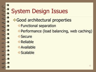 System Design Issues
32
Good architectural properties
Functional separation
Performance (load balancing, web caching)
Secure
Reliable
Available
Scalable
 