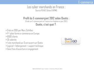 Profil du E-commerçant 2012 selon Oxatis :
(Etude sur E-commerçant en France et en Angleterre janv 2013 )
Oxatis, c’est quoi ? :
• Créé en 2001 par Marc Schillaci
• 1ère plate forme e-commerce en Europe
• 6500 clients
• 35 salariés
• 1 site marchand sur 3 est ouvert sur Oxatis
• Logiciel + hébergement + support technique
• Sans frais d’ouverture ni engagement
D@vid BEDOUET pour l'option E-business FBS juin 2013
E-commerce
Les cyber marchands en France :
Source FEVAD, Oxtais & KPMG
 