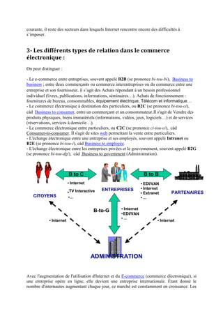courante, il reste des secteurs dans lesquels Internet rencontre encore des difficultés à
s’imposer.
3- Les différents types de relation dans le commerce
électronique :
On peut distinguer :
- Le e-commerce entre entreprises, souvent appelé B2B (se prononce bi-tou-bi), Business to
business ; entre deux commerçants ou commerce interentreprises ou du commerce entre une
entreprise et son fournisseur. il s’agit des Achats répondant à un besoin professionnel
individuel (livres, publications, informations, séminaires…). Achats de fonctionnement :
fournitures de bureau, consommables, équipement électrique, Télécom et informatique…
- Le commerce électronique à destination des particuliers, ou B2C (se prononce bi-tou-ci),
càd Business to consumer, entre un commerçant et un consommateur.Il s'agit de Vendre des
produits physiques, biens immatériels (informations, vidéos, jeux, logiciels…) et de services
(réservations, services à domicile…).
- Le commerce électronique entre particuliers, ou C2C (se prononce ci-tou-ci), càd
Consumer-to-consumer. Il s'agit de sites web permettant la vente entre particuliers.
- L'échange électronique entre une entreprise et ses employés, souvent appelé Intranet ou
B2E (se prononce bi-tou-i), càd Business to employée.
- L'échange électronique entre les entreprises privées et le gouvernement, souvent appelé B2G
(se prononce bi-tou-dgi), càd Business to government (Administration).
Avec l'augmentation de l'utilisation d'Internet et du E-commerce (commerce électronique), si
une entreprise opère en ligne, elle devient une entreprise internationale. Étant donné le
nombre d'internautes augmentant chaque jour, ce marché est constamment en croissance. Les
• Internet
•TV Interactive
• EDI/VAN
• Internet
• Extranet
• ...
• Internet
•
• ...
• Internet • Internet
ENTREPRISES
CITOYENS
B to C
PARTENAIRES
B to B
...•
EDI/VAN
B-to-G
ADMINISTRATION
 