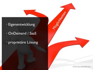 en

Eigenentwicklung

•

OnDemand / SaaS

•

Mö
glic
hk
eit

•

proprietäre Lösung

Energie Südbayern

© 2013 www.techdivision.com

 