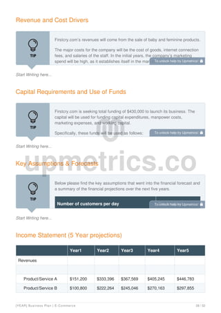 Revenue and Cost Drivers
Start Writing here...
Firstcry.com’s revenues will come from the sale of baby and feminine products.
The major costs for the company will be the cost of goods, internet connection
fees, and salaries of the staff. In the initial years, the company’s marketing
spend will be high, as it establishes itself in the market.
Capital Requirements and Use of Funds
Start Writing here...
Firstcry.com is seeking total funding of $430,000 to launch its business. The
capital will be used for funding capital expenditures, manpower costs,
marketing expenses, and working capital.
Specifically, these funds will be used as follows:
Key Assumptions & Forecasts
Start Writing here...
Below please find the key assumptions that went into the financial forecast and
a summary of the financial projections over the next five years.
Number of customers per day Per location
Income Statement (5 Year projections)
Year1 Year2 Year3 Year4 Year5
Revenues
Product/Service A $151,200 $333,396 $367,569 $405,245 $446,783
Product/Service B $100,800 $222,264 $245,046 $270,163 $297,855
To unlock help try Upmetrics! 
To unlock help try Upmetrics! 
To unlock help try Upmetrics! 
[YEAR] Business Plan | E-Commerce 28 / 32
 