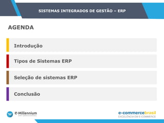 SISTEMAS INTEGRADOS DE GESTÃO – ERP
Tipos de Sistemas ERP
Seleção de sistemas ERP
Conclusão
Introdução
AGENDA
 