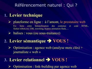 Référencement naturel : Qui ?

1. Levier technique
 plateforme en ligne : à l’amont, le prestataire web
Ex: liens entre hiérarchisation des contenus et
fichier robots.txt, URL rewriting, bypass animation flash,…

code

HTML,

 balises : vous (ou sous-traitance)

2. Levier sémantique  VOUS !
 Optimisation : agence web (analyse mots clés) +
journaliste « web »

3. Levier relationnel  VOUS !
 Optimisation : link-building par agence web

26

 