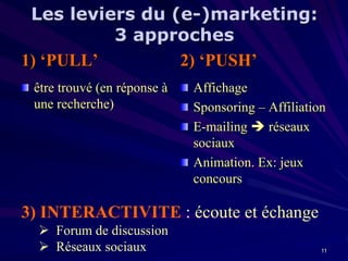 Les leviers du (e-)marketing:
3 approches
1) ‘PULL’
2) ‘PUSH’
être trouvé (en réponse à
une recherche)

Affichage
Sponsoring – Affiliation
E-mailing  réseaux
sociaux
Animation. Ex: jeux
concours

3) INTERACTIVITE : écoute et échange
 Forum de discussion
 Réseaux sociaux

11

 