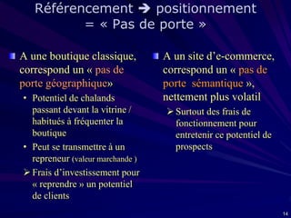 Référencement  positionnement
= « Pas de porte »
A une boutique classique,
correspond un « pas de
porte géographique»
• Potentiel de chalands
passant devant la vitrine /
habitués à fréquenter la
boutique
• Peut se transmettre à un
repreneur (valeur marchande )
 Frais d’investissement pour
« reprendre » un potentiel
de clients

A un site d’e-commerce,
correspond un « pas de
porte sémantique »,
nettement plus volatil
 Surtout des frais de
fonctionnement pour
entretenir ce potentiel de
prospects

14

 