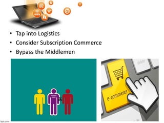 • Tap into Logistics
• Consider Subscription Commerce
• Bypass the Middlemen
 