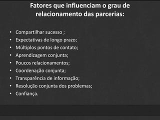 Fatores que influenciam o grau de 
relacionamento das parcerias: 
• Compartilhar sucesso ; 
• Expectativas de longo prazo; 
• Múltiplos pontos de contato; 
• Aprendizagem conjunta; 
• Poucos relacionamentos; 
• Coordenação conjunta; 
• Transparência de informação; 
• Resolução conjunta dos problemas; 
• Confiança. 
 