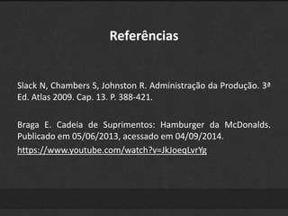 Referências 
Slack N, Chambers S, Johnston R. Administração da Produção. 3ª 
Ed. Atlas 2009. Cap. 13. P. 388-421. 
Braga E. Cadeia de Suprimentos: Hamburger da McDonalds. 
Publicado em 05/06/2013, acessado em 04/09/2014. 
https://www.youtube.com/watch?v=JkJoeqLvrYg 

